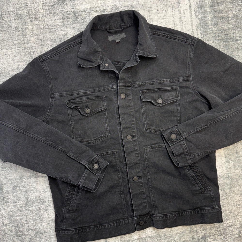 Uniqlo‎ Jacket Mens Large Black Denim Trucker Button Front Stretch Jean Pockets